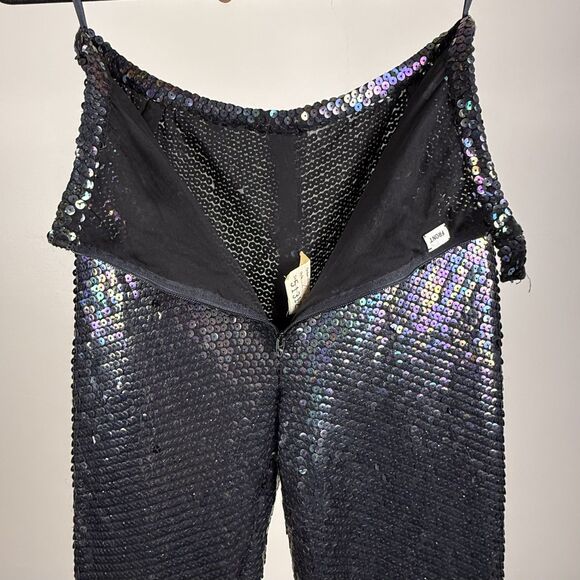 Vintage 70s Sequin Pants Black Iridescent Silk Lined High Waist Disco Glam - Picture 3 of 10